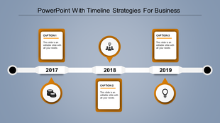 A business timeline PowerPoint slide featuring the years 2017 to 2019 with yellow color captions boxes for each year.