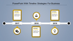 A timeline template featuring key business milestones from 2017 to 2019, with yellow captions and icons.