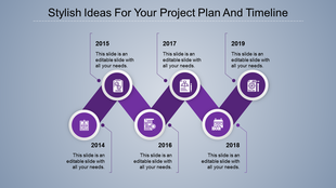 Project timeline with a purple path, featuring six circular icons and labeled years in a zigzag format.