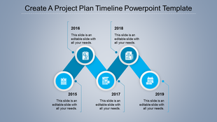 A project timeline slide showcasing the years 2015 to 2019, with each year represented by a blue color and icons.