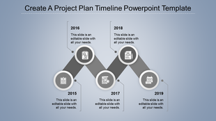 Gray themed project plan timeline with five connected circular icons, years, and text descriptions, in a zigzag layout.