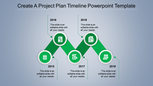 Business timeline with green diagonal sections, featuring milestone years, and five circular icons.