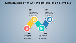 Timeline with four circular icons in orange, yellow, green, and blue, with diagonal connectors, and years from 2016 to 2019.