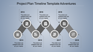 Blue zigzag timeline featuring circular nodes with icons from 2013 to 2019, representing project stages.