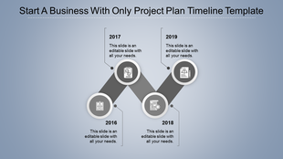 Gray zigzag timeline with four circular icons, featuring milestone years and text areas, on a blue gradient background.