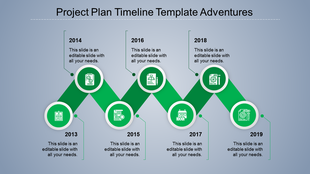 A colorful timeline slide for project plans, showing the years 2013 to 2019, each with green icons and labels for each stage.