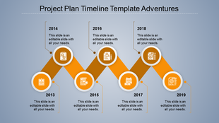 Project timeline slide with an orange zigzag path, featuring circular icons, and black text on a gradient blue background.