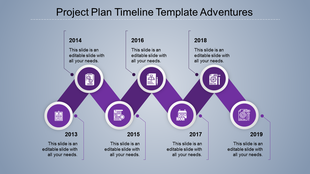 A colorful timeline slide for project plans, showing the years 2013 to 2019, each with purple icons and labels for each stage.