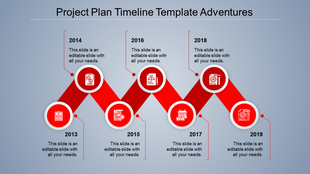 Red themed timeline with alternating circular icons and connectors, on a blue gradient background for project planning.