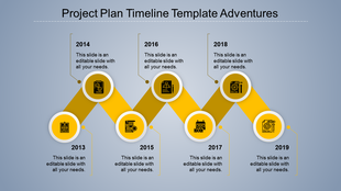 Timeline template with key milestones from 2013 to 2019, featuring seven yellow circular graphics and a structured layout.
