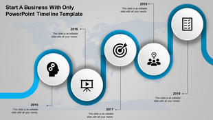 Wavy timeline with colorful milestone icons representing years 2015 to 2019, connected by vertical lines.