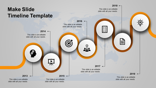 Orange wave style timeline infographic with seven white circles, featuring black icons and milestone years from 2013 to 2019.