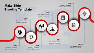 Modern timeline featuring a red curved path with seven white milestone circles, black icons, and yearly labels in sequence.