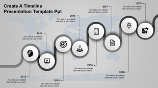 Business plan timeline with orange curved path, circular icons, and labeled years from 2011 to 2019 on a gray map.