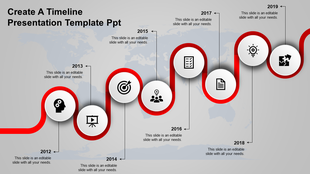 Flowing red path with eight round white milestones, black icons, and sequential year markers on a gradient backdrop.