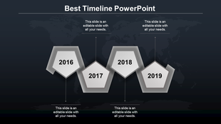 A timeline slide with grey pentagon shaped markers representing 2016, 2017, 2018, and 2019 and labels on a dark theme.