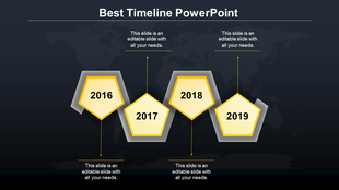 Yellow pentagon timeline infographic with four stages, displaying years 2016 to 2019 in a zigzag pattern.