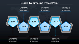 Hexagonal timeline infographic with gradient blue milestones, text boxes, and arrows linking key years from 2014 to 2019.