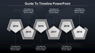 Dark themed timeline with six gray pentagons, milestone years, and connecting lines on a world map background.