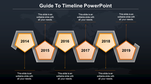 Timeline PowerPoint with orange hexagonal markers for the years 2014 to 2019, each containing a caption on a dark backdrop.