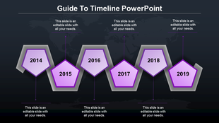 Business timeline infographic with bold green pentagons, each containing a year from 2014 to 2019, on a dark background.