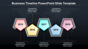 Modern timeline design featuring color coded pentagonal milestones for years 2015 to 2019, with directional arrows.