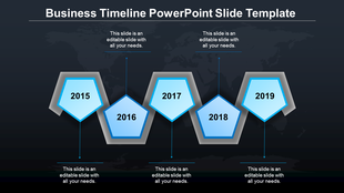 Business timeline infographic with pentagon milestones for years 2015 to 2019, shaded in blue and connected by thin arrows.