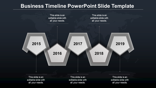 Minimalist timeline design with grayscale pentagons marking years 2015 to 2019, arranged in a staggered layout.