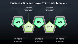 Business timeline PowerPoint template with green hexagonal year markers from 2015 to 2019, each containing a caption.