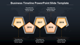 Business timeline with five orange pentagons, featuring milestone years and connecting lines on a dark world map background.