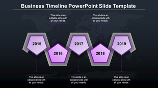 Business timeline PowerPoint template with purple hexagonal year markers from 2015 to 2019, each containing a caption.