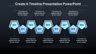 Timeline PPT slide with blue hexagonal markers for each year from 2011 to 2019, each with a caption on a dark backdrop.