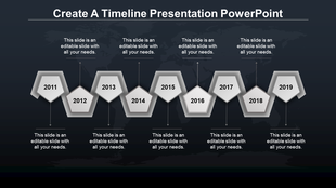 Timeline PPT slide with grey hexagonal markers for each year from 2011 to 2019, each with a caption on a dark backdrop.