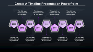 Dark background timeline with purple pentagons, each representing a year from 2011 to 2019 in a structured layout.