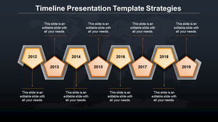 Black and white timeline infographic featuring map pin icons with business-related symbols, arranged from 2014 to 2019.