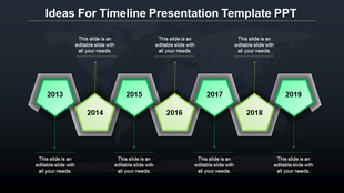 Timeline side showing seven green pentagons with vertical connectors, on a professional dark world map backdrop.