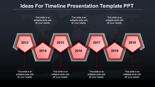 Business timeline slide with red markers on a diagonal path, highlighting key years and placeholder text areas.