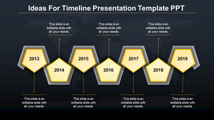 Modern timeline design featuring a sequence of red-outlined pentagons, each displaying a year, connected to placeholder text.