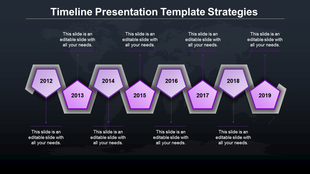 Timeline PowerPoint template with purple hexagonal markers from 2012 to 2019, each containing a caption on a dark backdrop.