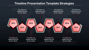 Timeline PPT slide with red hexagonal markers for the years 2012 to 2019, each year containing a caption on a dark theme.