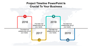 Timeline slide with years 2016 to 2019, each represented by different colored boxes and corresponding icons with text.