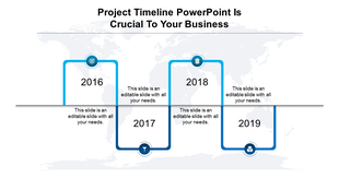 Project timeline PPT slide with years 2016 to 2019, each year represented by blue rectangular markers with icons and text.