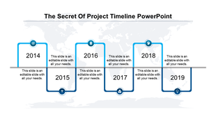 Timeline with structured blue curved segments displaying years 2014-2019, each linked to icons and placeholder text areas.