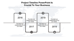 Business timeline with gray curved boxes marking milestones from 2016 to 2019, set on a world map background.