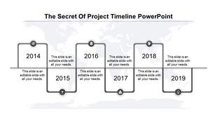 Six step gray timeline with rounded paths marking years 2014-2019, connected to icons and placeholders for descriptions.