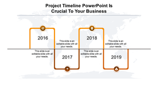 Project timeline PPT slide with years 2016 to 2019, each year marked by orange rectangular markers with icons.