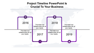 Infographic timeline with a purple path displaying years 2016-2019, featuring circular markers, icons, and text placeholders.