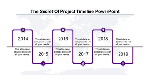Project timeline PowerPoint slide with years 2014 to 2019, marked with purple icons and connected by a horizontal gray line.