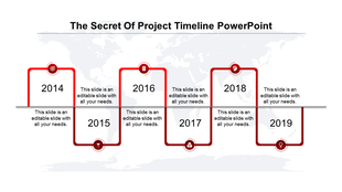 Project timeline with six red square frames, featuring milestone icons, on a gray horizontal line over a world map.