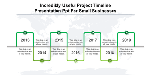 Timeline slide featuring years 2013 to 2019 in green bordered squares, connected by a line with a world map in the backdrop.
